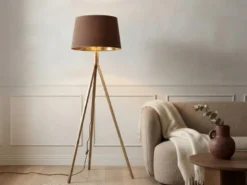 Stehlampe mit Holz Dreibein & E27 Samt Lampenschirm Braun Gold, Höhe 157cm