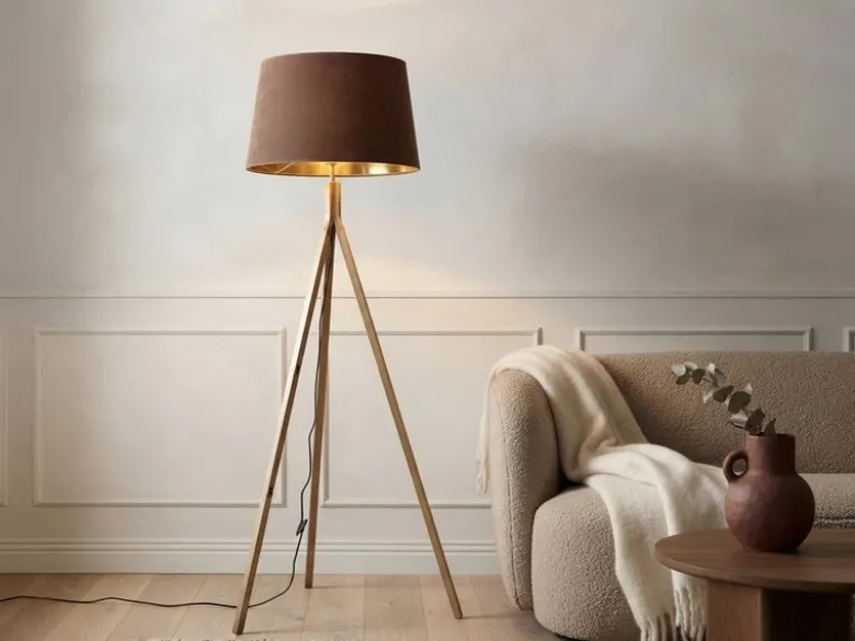 Stehlampe mit Holz Dreibein & E27 Samt Lampenschirm Braun Gold, Höhe 157cm