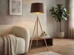Stehlampe mit Holz Dreibein & E27 Samt Lampenschirm Braun Gold, Höhe 157cm