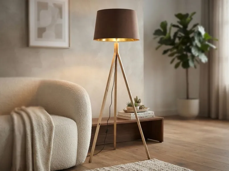 Stehlampe mit Holz Dreibein & E27 Samt Lampenschirm Braun Gold, Höhe 157cm
