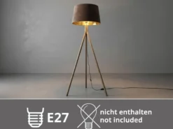 Stehlampe mit Holz Dreibein & E27 Samt Lampenschirm Braun Gold, Höhe 157cm