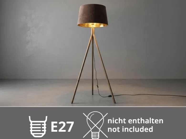 Stehlampe mit Holz Dreibein & E27 Samt Lampenschirm Braun Gold, Höhe 157cm