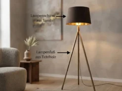 Stehlampe mit Holz Dreibein & E27 Samt Lampenschirm Braun Gold, Höhe 157cm