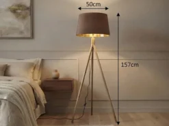 Stehlampe mit Holz Dreibein & E27 Samt Lampenschirm Braun Gold, Höhe 157cm