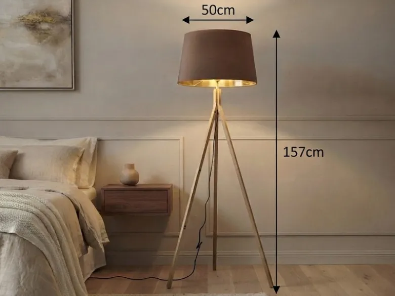 Stehlampe mit Holz Dreibein & E27 Samt Lampenschirm Braun Gold, Höhe 157cm