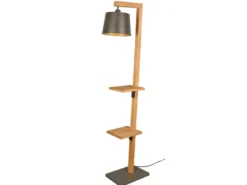 Stehlampe RODRIGO mit Holz Ablage - Metall Lampenschirm Silber, Höhe 165cm