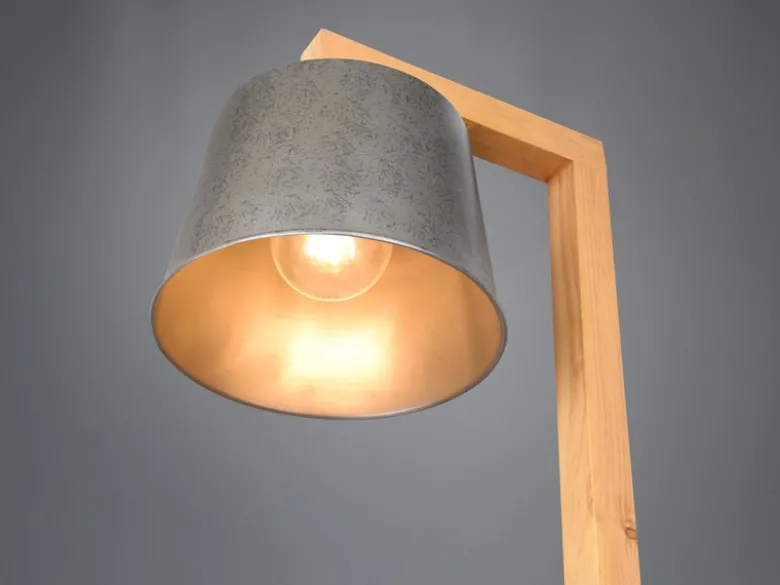 Stehlampe RODRIGO mit Holz Ablage - Metall Lampenschirm Silber, Höhe 165cm