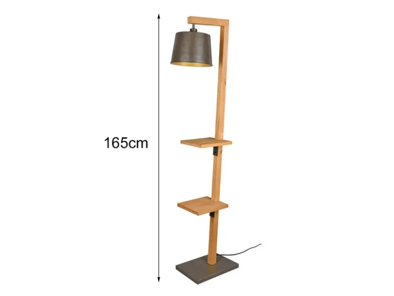 Stehlampe RODRIGO mit Holz Ablage - Metall Lampenschirm Silber, Höhe 165cm
