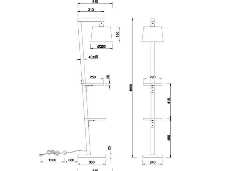 Stehlampe RODRIGO mit Holz Ablage - Metall Lampenschirm Silber, Höhe 165cm