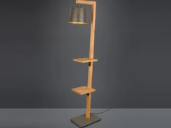 Stehlampe RODRIGO mit Holz Ablage - Metall Lampenschirm Silber, Höhe 165cm