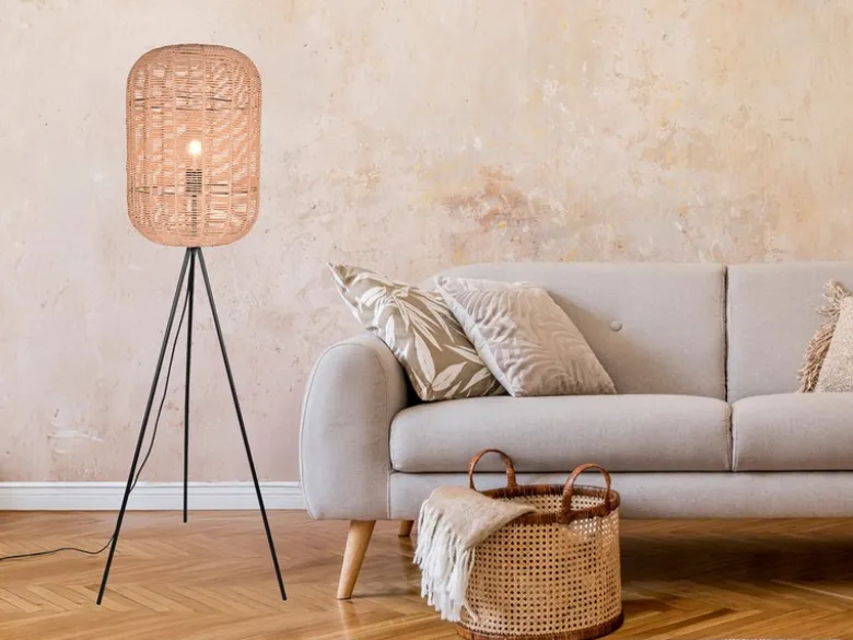Stehlampe RUNA Dreibein mit Korbgeflecht Lampenschirm aus Sisal, Höhe 150cm