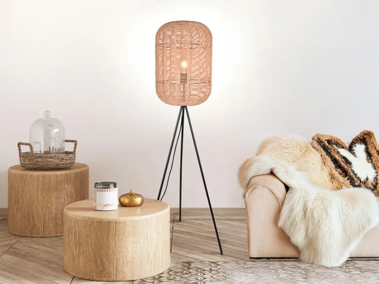 Stehlampe RUNA Dreibein mit Korbgeflecht Lampenschirm aus Sisal, Höhe 150cm