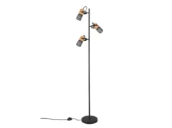 Stehlampe TOSH mit 3 Strahlern Gitter Schwarz & Holz, schwenkbar, Höhe 150cm
