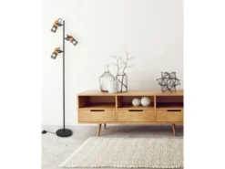 Stehlampe TOSH mit 3 Strahlern Gitter Schwarz & Holz, schwenkbar, Höhe 150cm