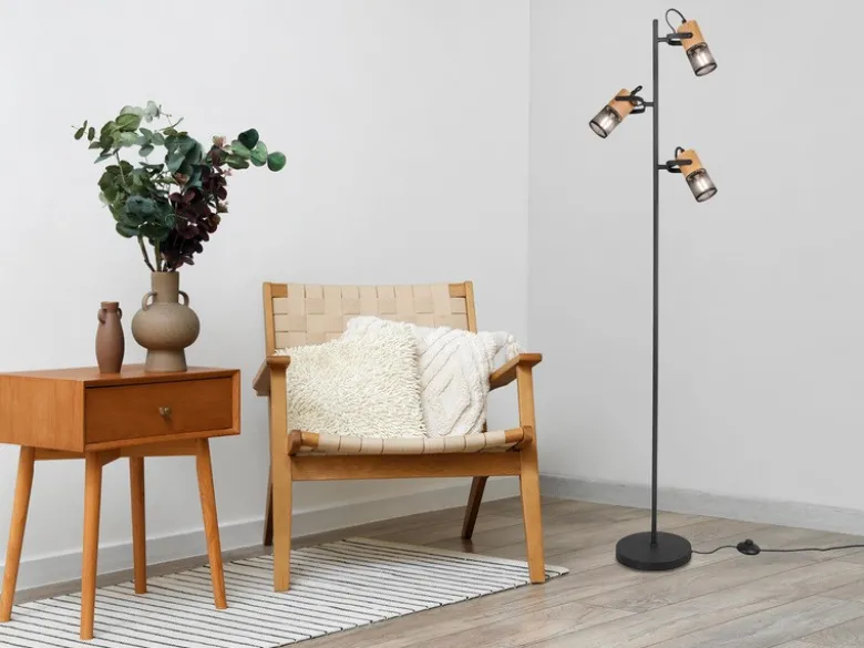 Stehlampe TOSH mit 3 Strahlern Gitter Schwarz & Holz, schwenkbar, Höhe 150cm