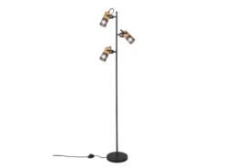 Stehlampe TOSH mit 3 Strahlern Gitter Schwarz & Holz, schwenkbar, Höhe 150cm