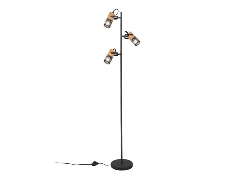 Stehlampe TOSH mit 3 Strahlern Gitter Schwarz & Holz, schwenkbar, Höhe 150cm