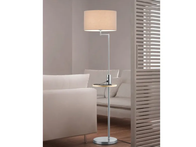 Stehleuchte CLAAS Stoffschirm, Holz Ablagetisch & USB Ladefunktion, 160cm