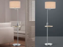Stehleuchte CLAAS Stoffschirm, Holz Ablagetisch & USB Ladefunktion, 160cm