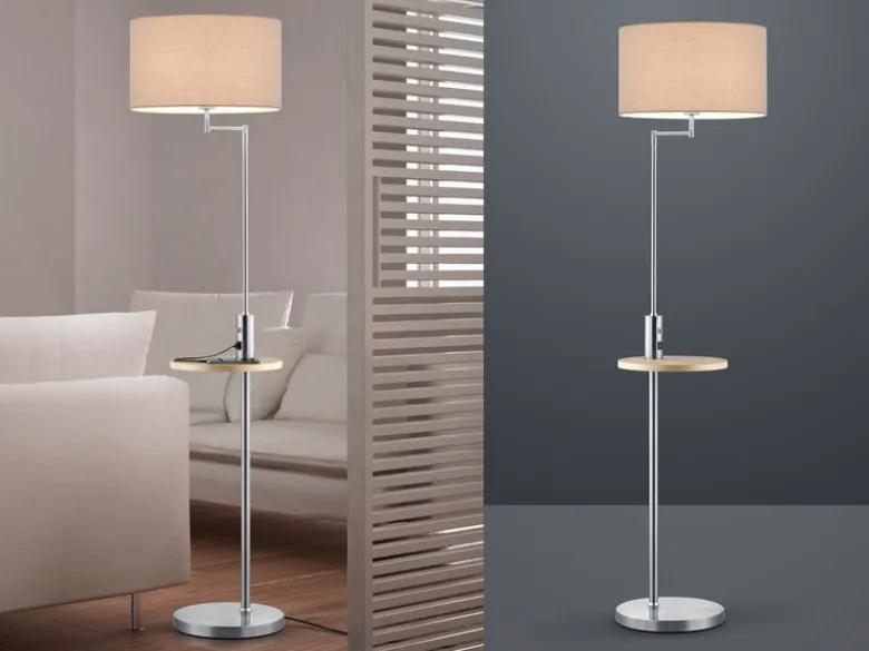 Stehleuchte CLAAS Stoffschirm, Holz Ablagetisch & USB Ladefunktion, 160cm