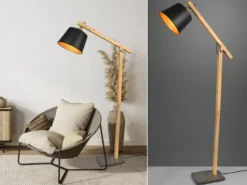 Stehleuchte HARRIS mit Holz & Metallschirm Schwarz-Gold Höhe 156cm