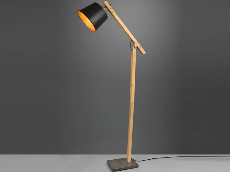 Stehleuchte HARRIS mit Holz & Metallschirm Schwarz-Gold Höhe 156cm