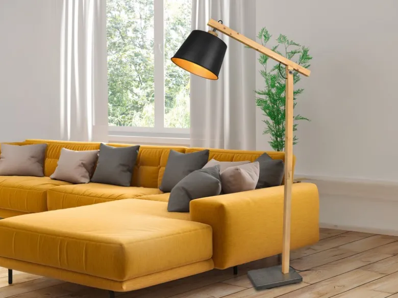 Stehleuchte HARRIS mit Holz & Metallschirm Schwarz-Gold Höhe 156cm