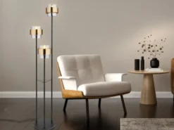 Stehleuchte MILLEY 3-flammig mit Rauchglas und Messingringe, H: 167cm