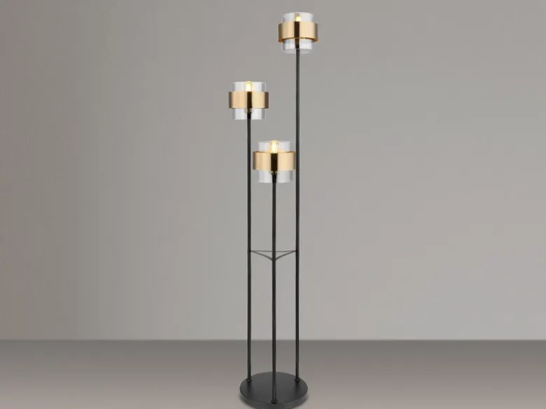 Stehleuchte MILLEY 3-flammig mit Rauchglas und Messingringe, H: 167cm