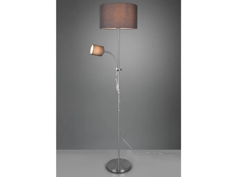Stehleuchte OWEN Flexarm mit Leselicht Silber & Stoffschirm Grau, Höhe 160cm