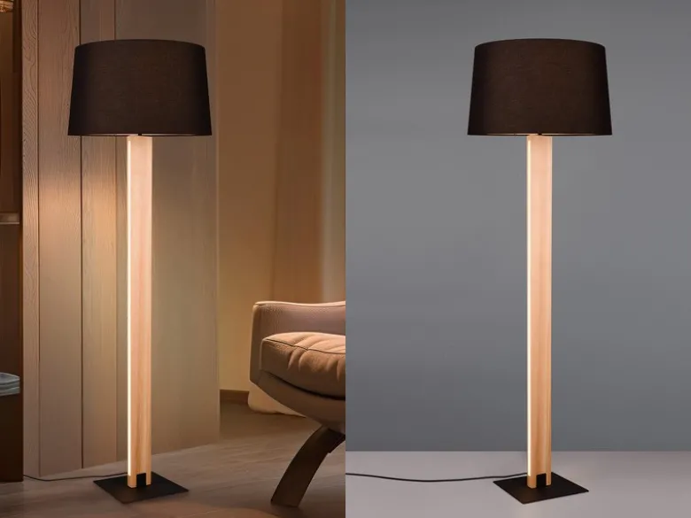 Stehleuchte RAHUL mit beleuchtetem Holzkorpus und Stoffschirm, H: 150cm