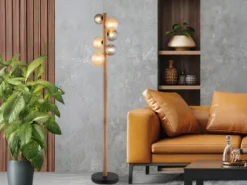 Stehleuchte RIHA aus Holz 6-flammig Glaskugeln Rauchglas & Bernstein, H: 150cm