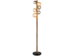 Stehleuchte RIHA aus Holz 6-flammig Glaskugeln Rauchglas & Bernstein, H: 150cm