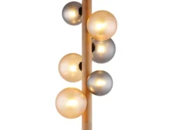 Stehleuchte RIHA aus Holz 6-flammig Glaskugeln Rauchglas & Bernstein, H: 150cm