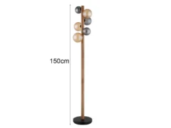 Stehleuchte RIHA aus Holz 6-flammig Glaskugeln Rauchglas & Bernstein, H: 150cm