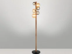 Stehleuchte RIHA aus Holz 6-flammig Glaskugeln Rauchglas & Bernstein, H: 150cm