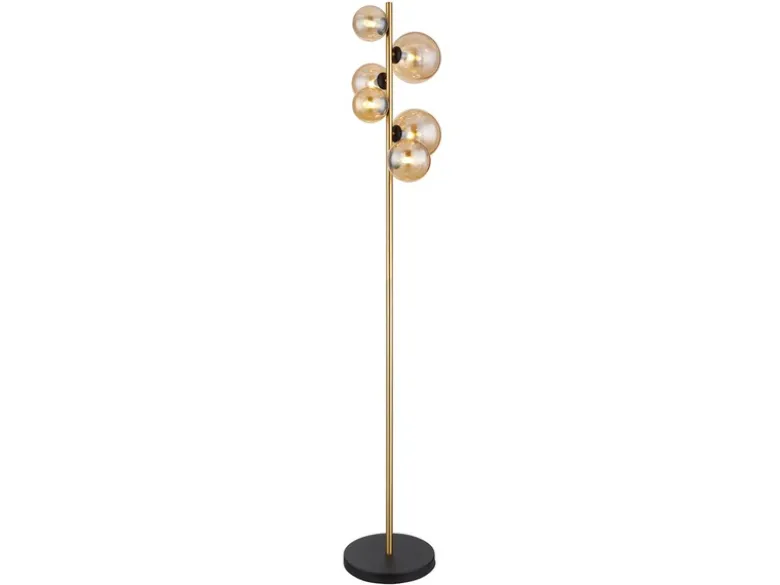 Stehleuchte RIHA Messing-Schwarz 6-flammig mit Glaskugeln Bernstein, Höhe 155cm