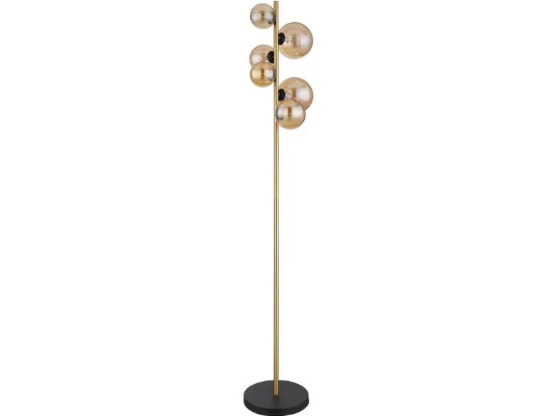 Stehleuchte RIHA Messing-Schwarz 6-flammig mit Glaskugeln Bernstein, Höhe 155cm