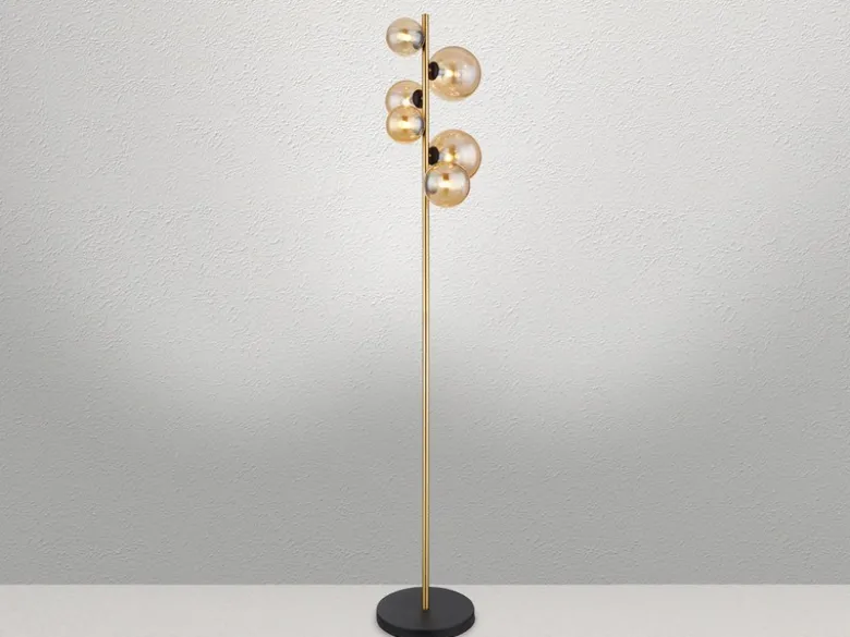 Stehleuchte RIHA Messing-Schwarz 6-flammig mit Glaskugeln Bernstein, Höhe 155cm