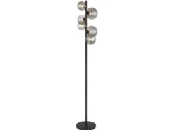 Stehleuchte RIHA Schwarz 6-flammig mit Glaskugeln Rauchglas, Höhe 155cm