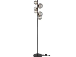 Stehleuchte RIHA Schwarz 6-flammig mit Glaskugeln Rauchglas, Höhe 155cm