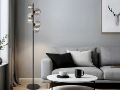 Stehleuchte RIHA Schwarz 6-flammig mit Glaskugeln Rauchglas, Höhe 155cm