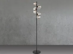 Stehleuchte RIHA Schwarz 6-flammig mit Glaskugeln Rauchglas, Höhe 155cm