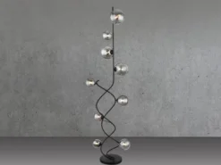 Stehleuchte RIHA Schwarz 9-flammig mit Glaskugeln Rauchglas, Höhe 162cm