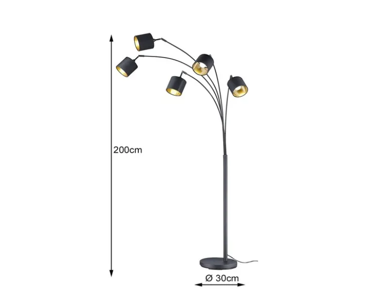 Stehleuchte TOMMY 5 flammig Metall Stoffschirm Schwarz Gold, Höhe 200cm