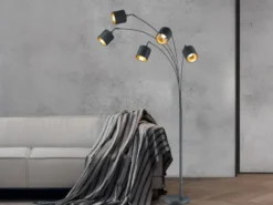 Stehleuchte TOMMY 5 flammig Metall Stoffschirm Schwarz Gold, Höhe 200cm