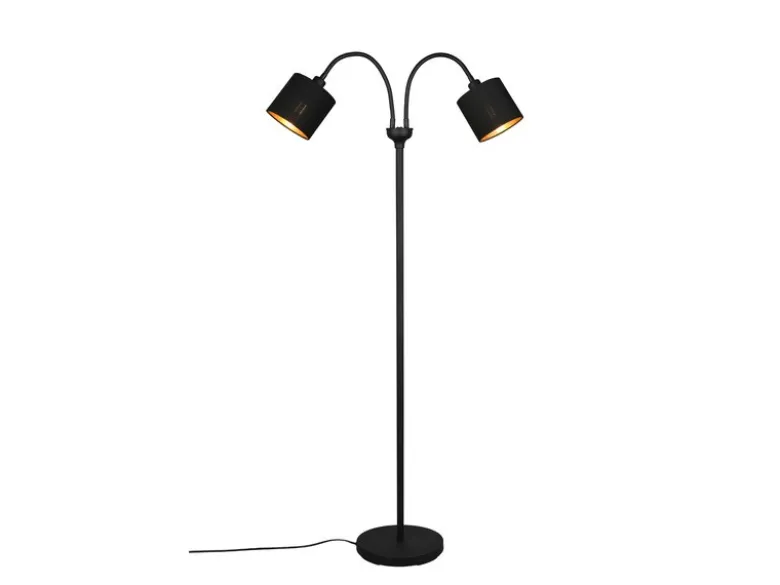 Stehleuchte TOMMY 2 flammig Metall, Stoffschirm Schwarz Gold, Höhe 130cm