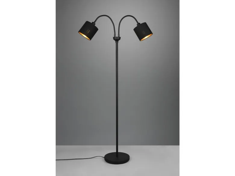 Stehleuchte TOMMY 2 flammig Metall, Stoffschirm Schwarz Gold, Höhe 130cm