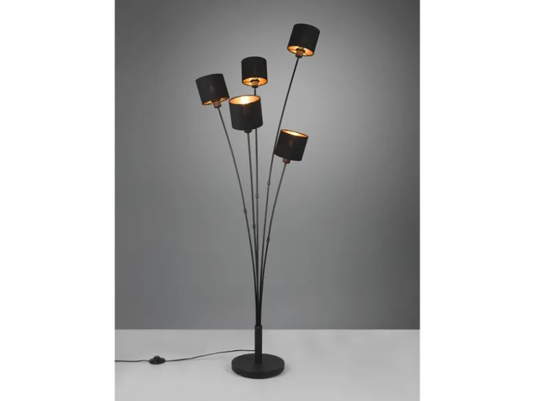 Stehleuchte TOMMY 5 flammig Metall, Stoffschirm Schwarz Gold, Höhe 163cm