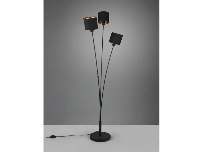 Stehleuchte TOMMY 3 flammig Metall, Stoffschirm Schwarz Gold, Höhe 150cm